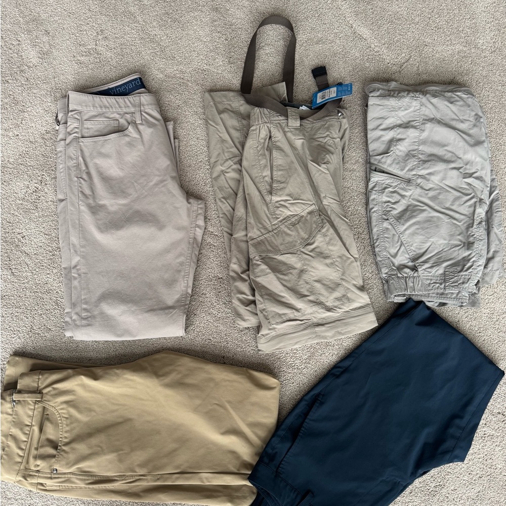 5 pants, 3 dress —lulu, vineyard vines.  2 hiking —Columbia